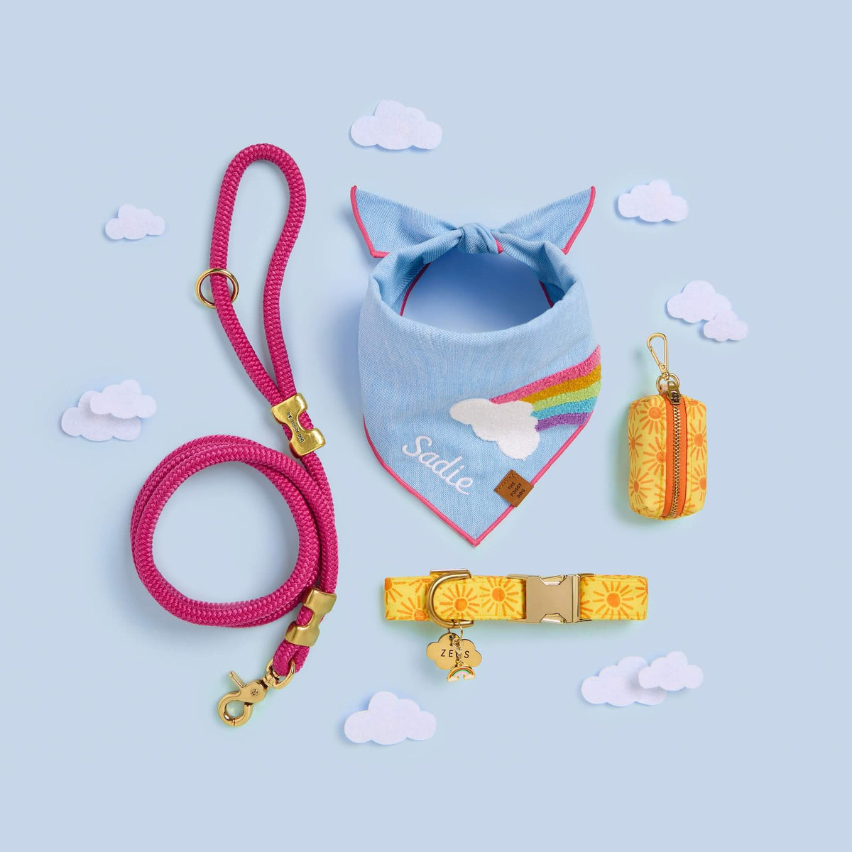 Hot Pink Marine Rope Dog Leash, Rainbow Applique Dog Bandana, Here Comes the Sun Waste Bag Holder and Dog Collar, Rainbow Collar Charm, and Cloud Pet ID Tag from The Foggy Dog