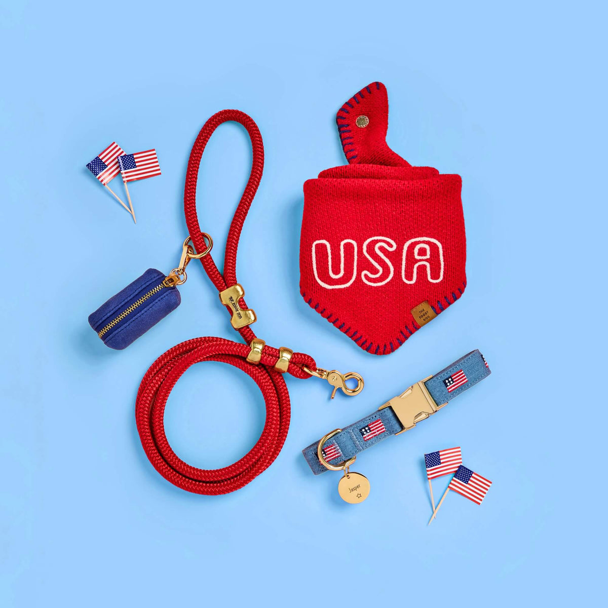 Ocean Waxed Canvas Waster Bag Holder, Ruby Marine Rope Dog Leash, Red USA Knit Dog Bandana, American Flag Embroidered Dog Collar, and Circle Pet ID Tag: Star Icon from The Foggy Dog