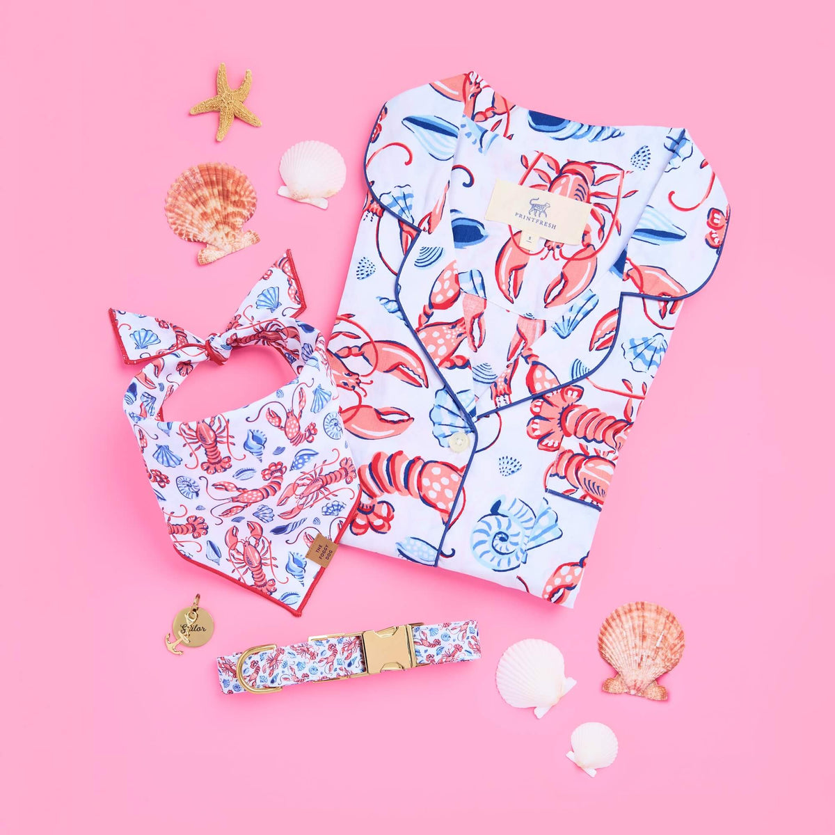 Printfresh × TFD Lobster Landing Mom + Dog Matching Gift Set, Bandana and Dog Collar, Circle Pet ID Tag, and Gold Anchor Collar Charm from The Foggy Dog