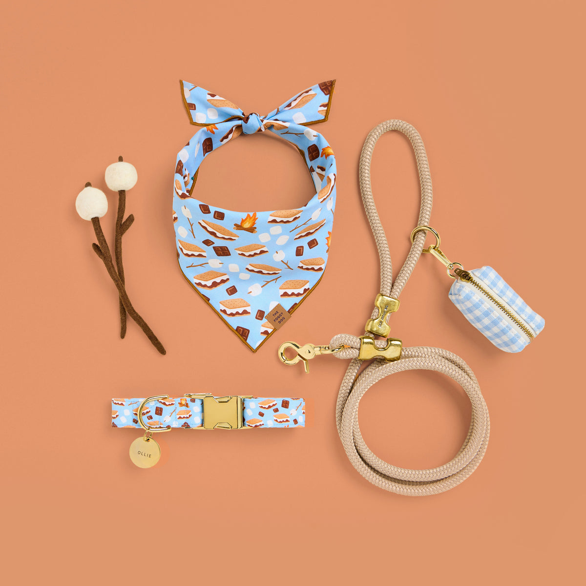 S'more to Love Dog Bandana, Dog Collar, Circle Pet ID Tag, Flax Marine Rope Dog Leash, and Sky Blue Gingham Waste Bag Holder from The Foggy Dog