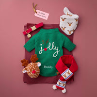 Jolly Sweater, Reindeer Knit Bandana, Reindeer Fair Isle Scarf, Reindeer Bounce Toy, Cranberry Velvet Collar, Circle Pet ID and Reindeer Collar Charm from The Foggy Dog