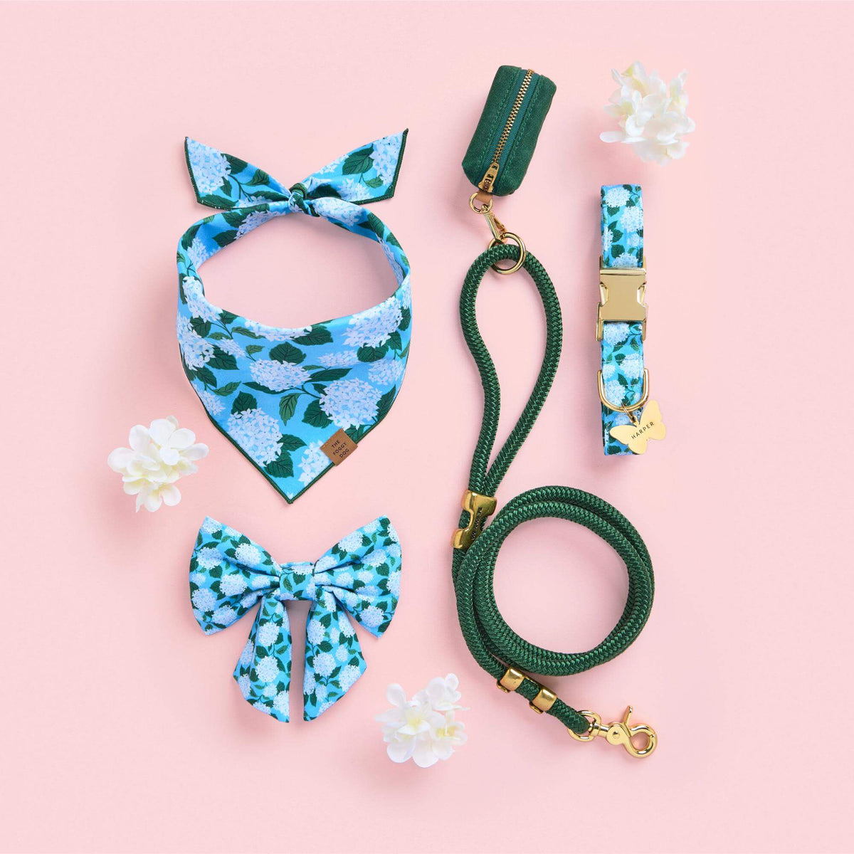 Hydrangea Walk Set, Lady Bow, Collar, Bandana, Evergreen Leash and Waxed Waste Bag Holder from The Foggy Dog
