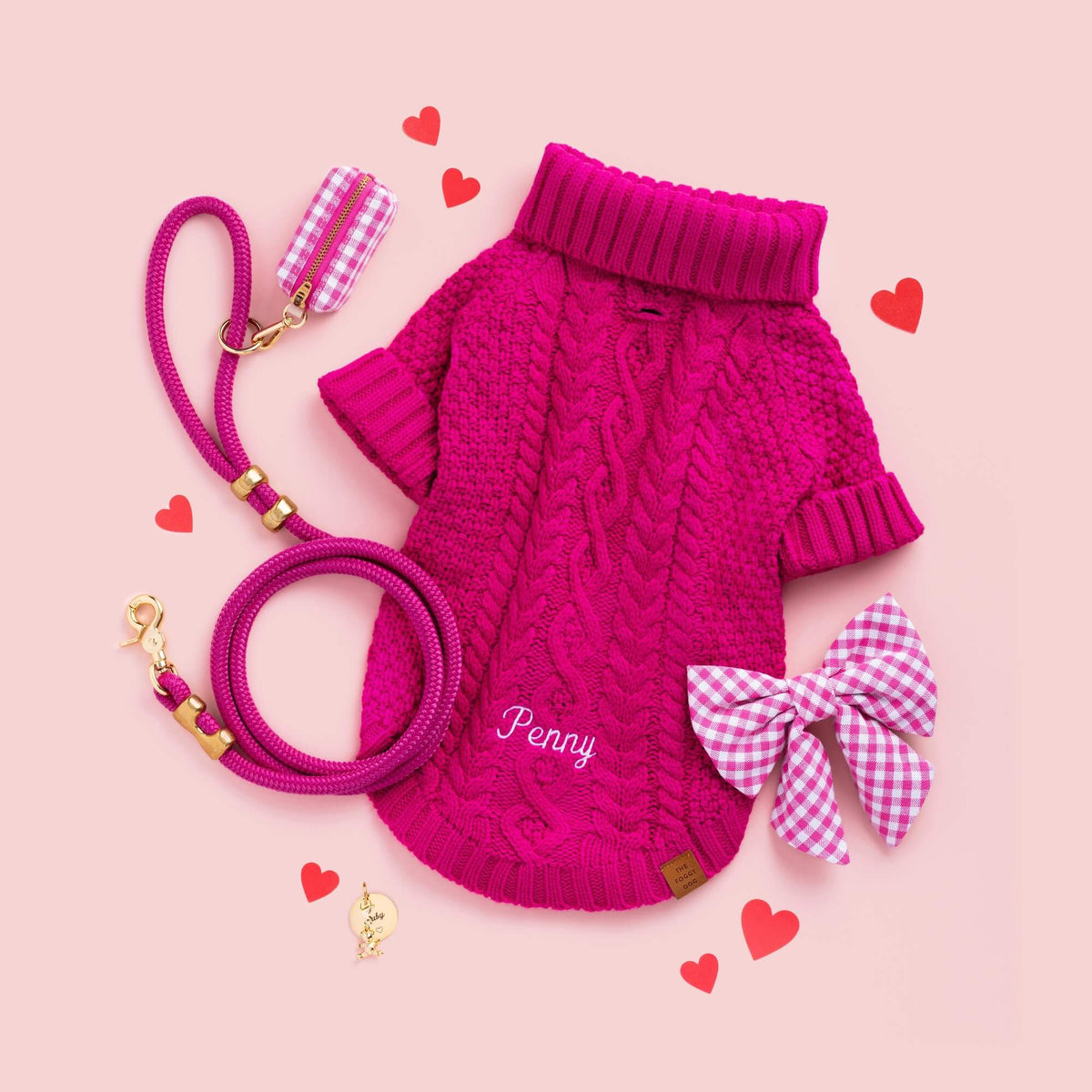Hot Pink Cable Knit Dog Sweater, Hot Pink Gingham Lady Bow and Waste Bag Holder, Hot Pink Marine Rope Leash, Gold Bear Charm and Circle with Heart Icon ID Tag