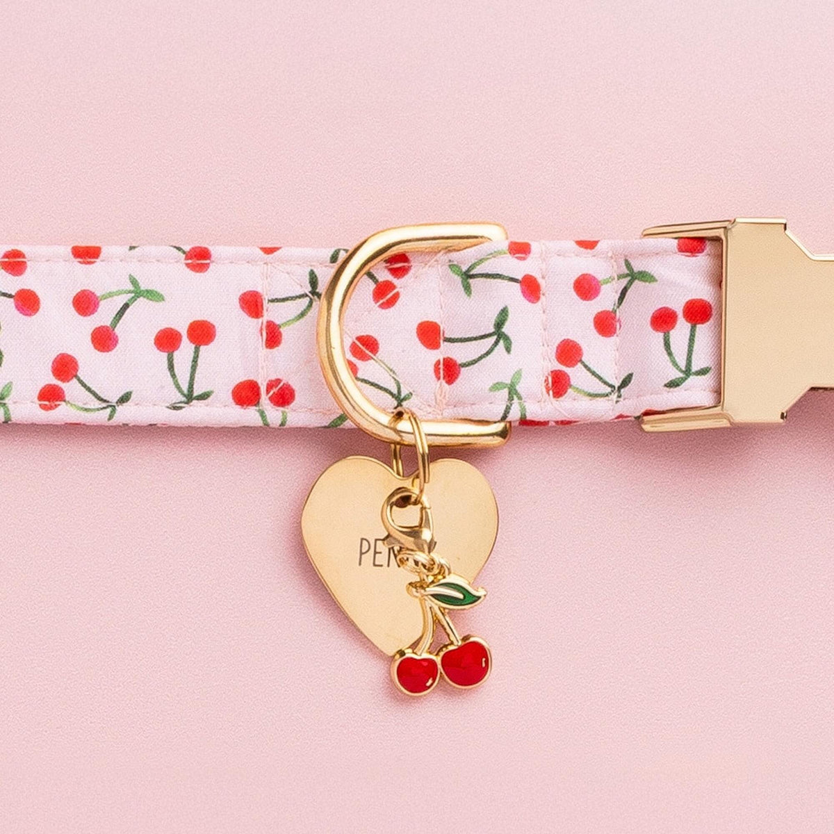 Cherry Jubilee Dog Collar, Heart ID Tag, and Cherries Collar Charm from The Foggy Dog