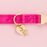 Hot Pink Velvet Dog Collar, Gold Bow Collar Charm, and Heart ID Tag from The Foggy Dog