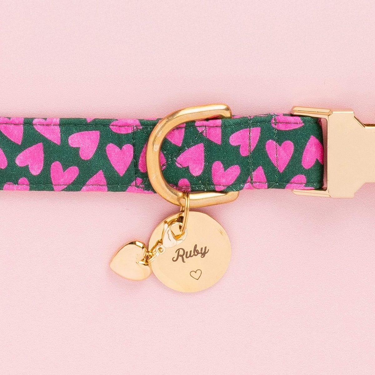 Lovestruck Dog Collar, Gold Heart Charm, and Circle ID Tag with Heart Icon from The Foggy Dog