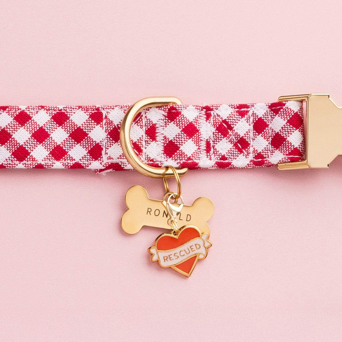 Rescued With Love Collar Charm, Red Gingham Collar, and Bone ID Tag from The Foggy Dog