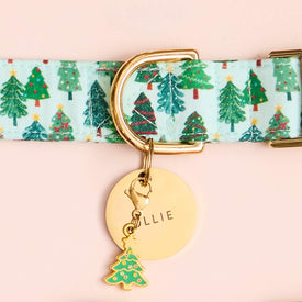 Festive Firs Collar, Circle Pet ID Tag and Christmas Tree Collar Charm from The Foggy Dog