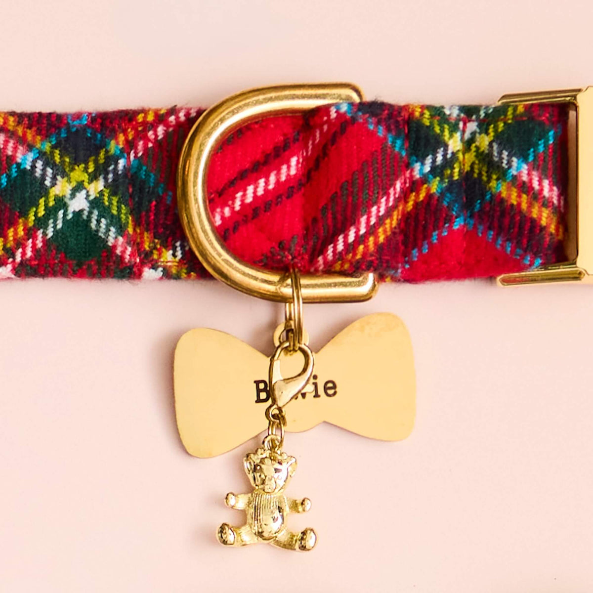 Tartan Plaid Flannel Collar, Bow Pet ID Tag and Gold Teddy Bear Collar Charm