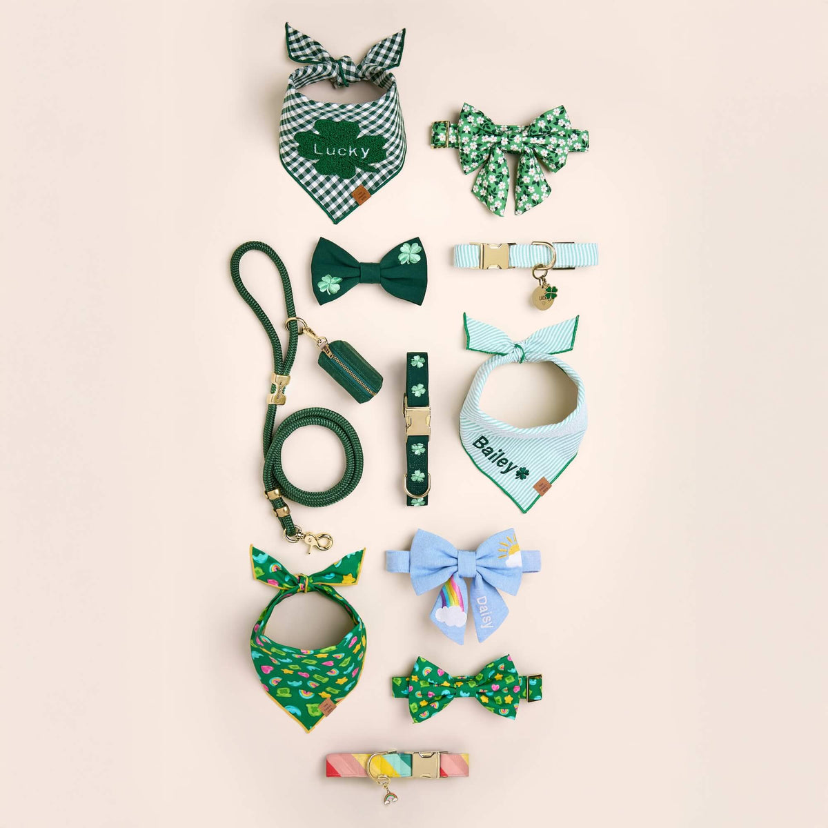 Clover Applique Dog Bandana, 
Dainty Daisies Lady Bow Collar,
Clover Embroidered Dog Bow Tie, Walk Set, Green Seersucker Dog Bandana, Collar, Circle Pet ID Tag: Clover Icon, Lucky Clover Collar Charm, Charmed Dog Bandana, Bow Tie Collar, 
Sunshine and Rainbows Embroidered Lady Bow Collar, Over the Rainbow Dog Collar, and Rainbow Collar Charm from The Foggy Dog

