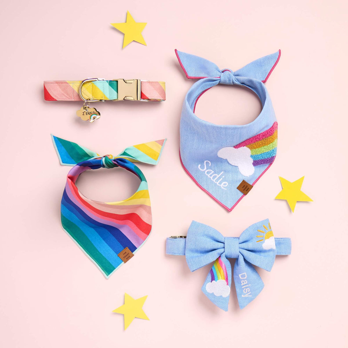 Over the Rainbow Dog Bandana, Collar, 
Cloud Pet ID Tag, Rainbow Collar Charm,
Rainbow Applique Dog Bandana, and
Sunshine and Rainbows Embroidered Lady Bow Collar from The Foggy Dog