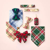 Eggnog Plaid Flannel Collar, Bandana and Bow Tie, Holly Jolly Plaid Flannel Collar and Bandana, Tartan Plaid Flannel Lady Bow Collar and Waste Bag Holder, Hawthorne Bandana and Black Watch Bow Tie from The Foggy Dog