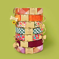 Pumpkin Spice Plaid Flannel, Pumpkin Velvet, Falling Leaves, Evergreen Gingham, Apple of My Eye, Burgundy Velvet, Bramble Flannel Dog Collar, Bone, Circle,  Lady Bow Pet ID Tag, Football, Squirrel, Maple Leaf and Sunflower Collar Charm from The Foggy Dog