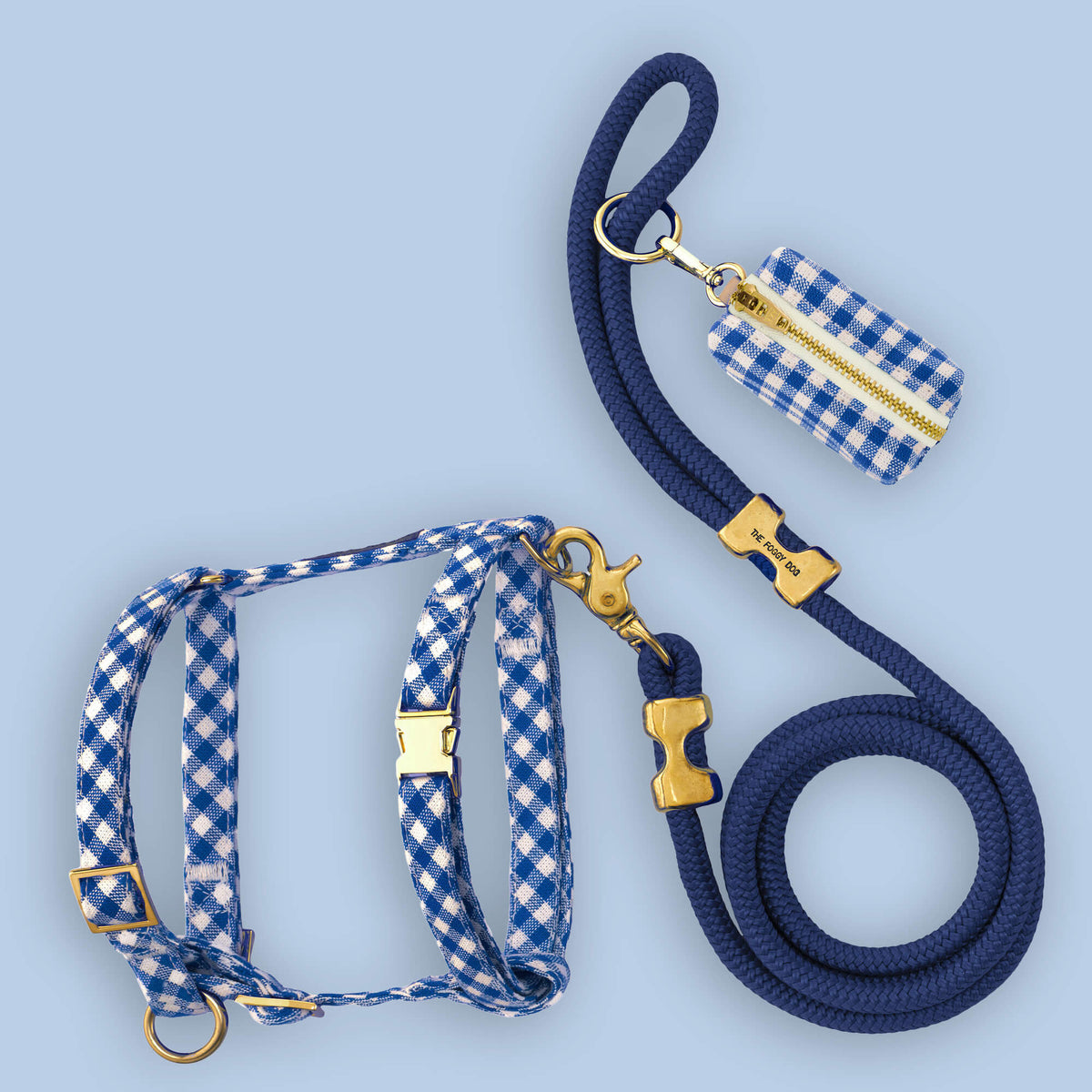 Lake Blue Gingham Harness Walk Set from The Foggy Dog