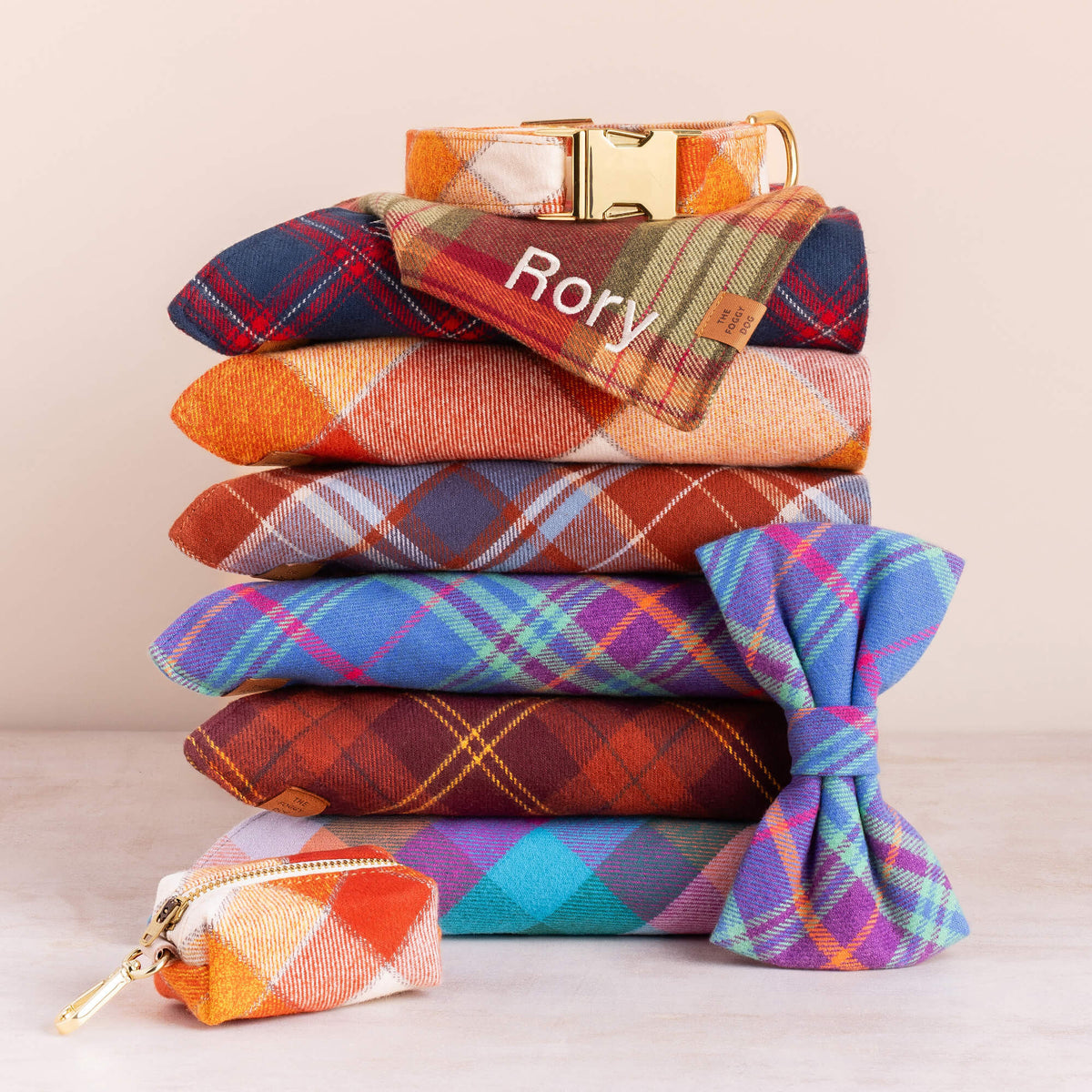 Pumpkin Spice, Kingston, Maple, Cider, Piper, Color Pop, Orchard Plaid Flannel Dog Bandanas, Piper Plaid Flannel Bow Tie, Pumpkin Spice Plaid Flannel Dog Collar, and Pumpkin Spice Plaid Flannel Waste Bag Holder
