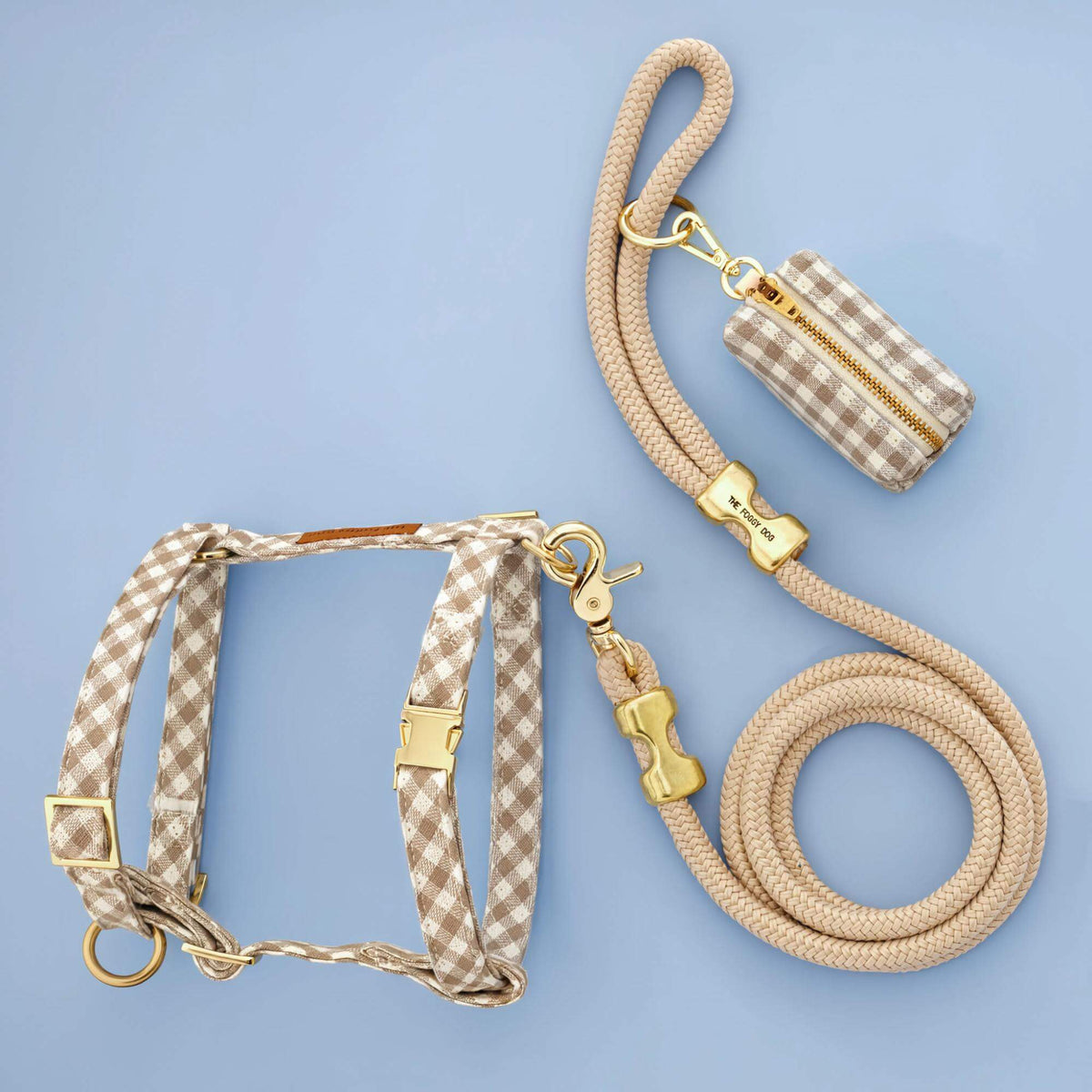 Mushroom Brown Gingham Harness Walk Set from The Foggy Dog