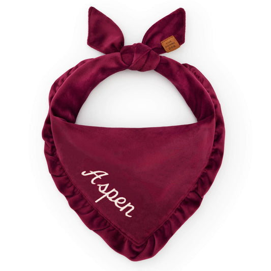 Burgundy Velvet Ruffled Dog Bandana view 1