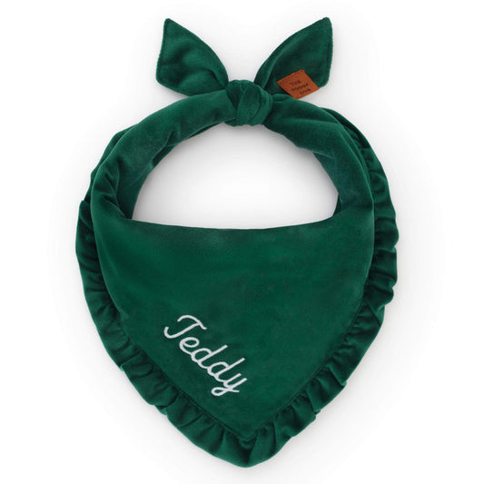 Forest Green Velvet Ruffled Dog Bandana view 1