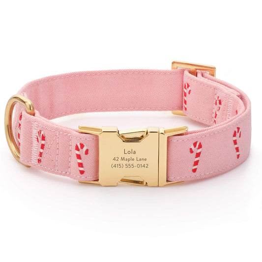 Blush Pink Candy Canes Embroidered Dog Collar view 1