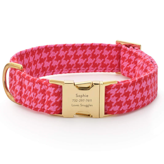 Pink and Red Houndstooth Dog Collar view 1