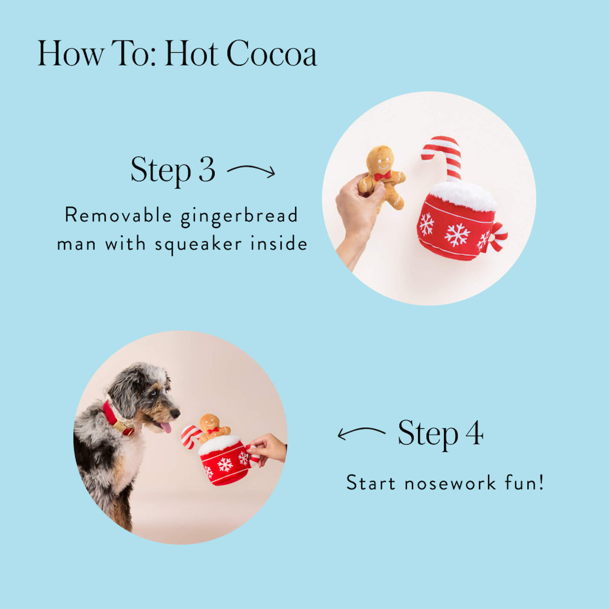 How to: Hot Cocoa. Step 3: Removable gingerbread man with squeaker inside. Step 4: Start nosework fun!