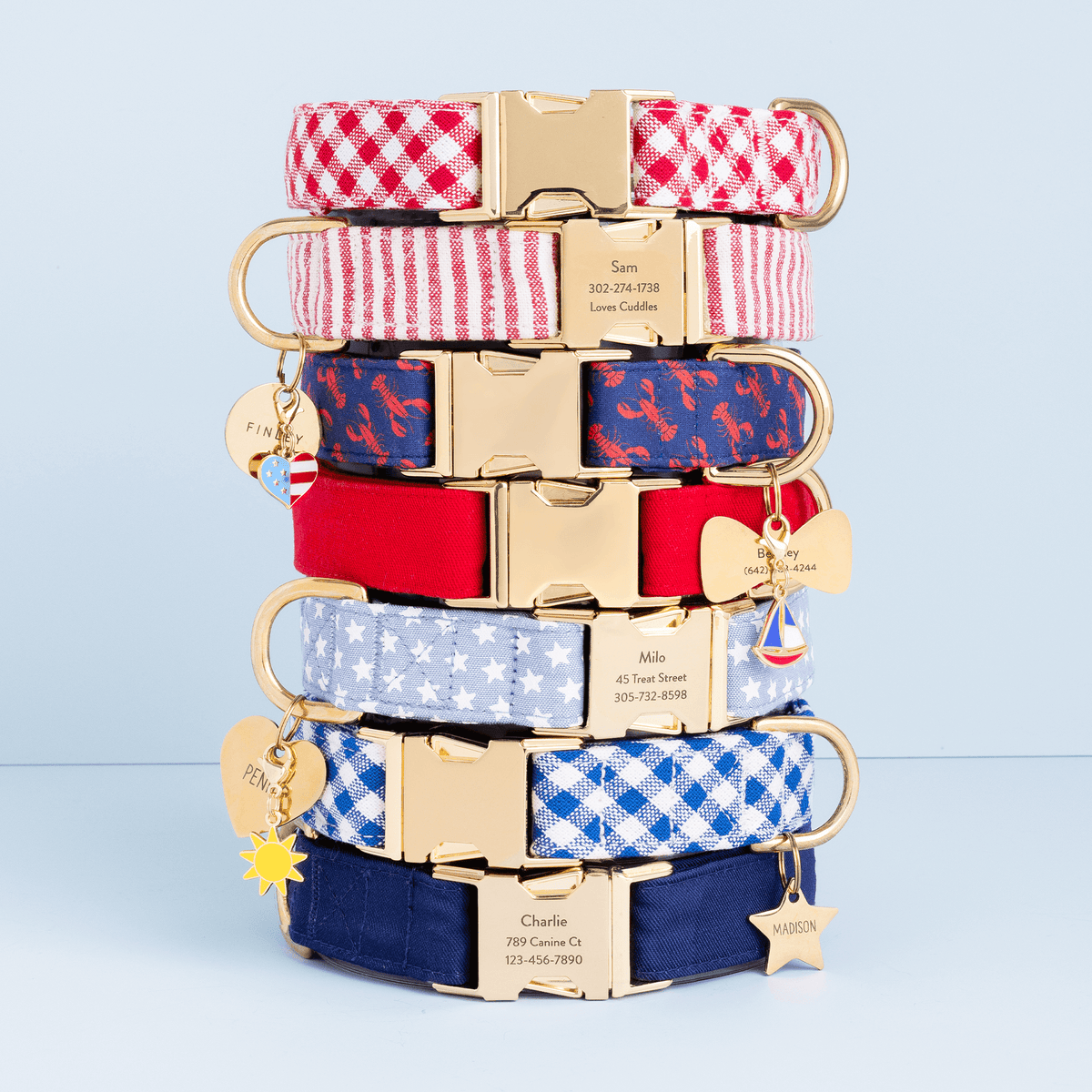 Red Gingham, Red Stripe, Catch of the Day, Ruby, Liberty, Lake Blue Gingham, Ocean Dog Collar, Sun Collar Charm, I Heart America Collar Charm, Sailboat Collar Charm, Star Pet ID Tag, Heart Pet ID Tag, Bow Tie Pet ID Tag, and Circle Pet ID Tag from The Foggy Dog