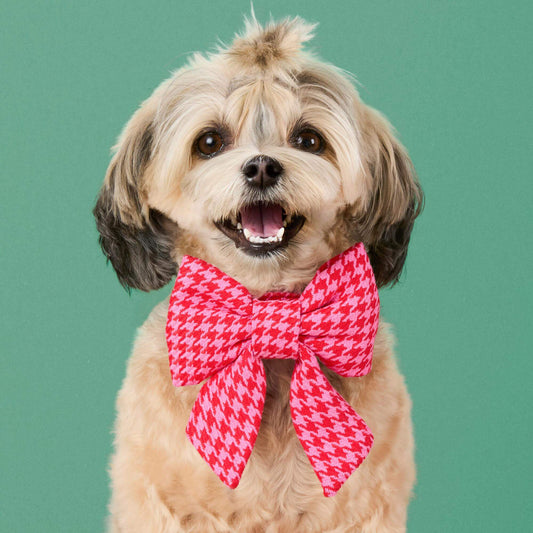 Pink and Red Houndstooth Lady Dog Bow view 2