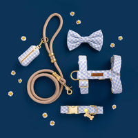 Sky Blue Gingham Walk Set, Bow Tie, Harness, Collar, Flax Leash, Bone ID Tag, and Tennis Ball Charm from The Foggy Dog